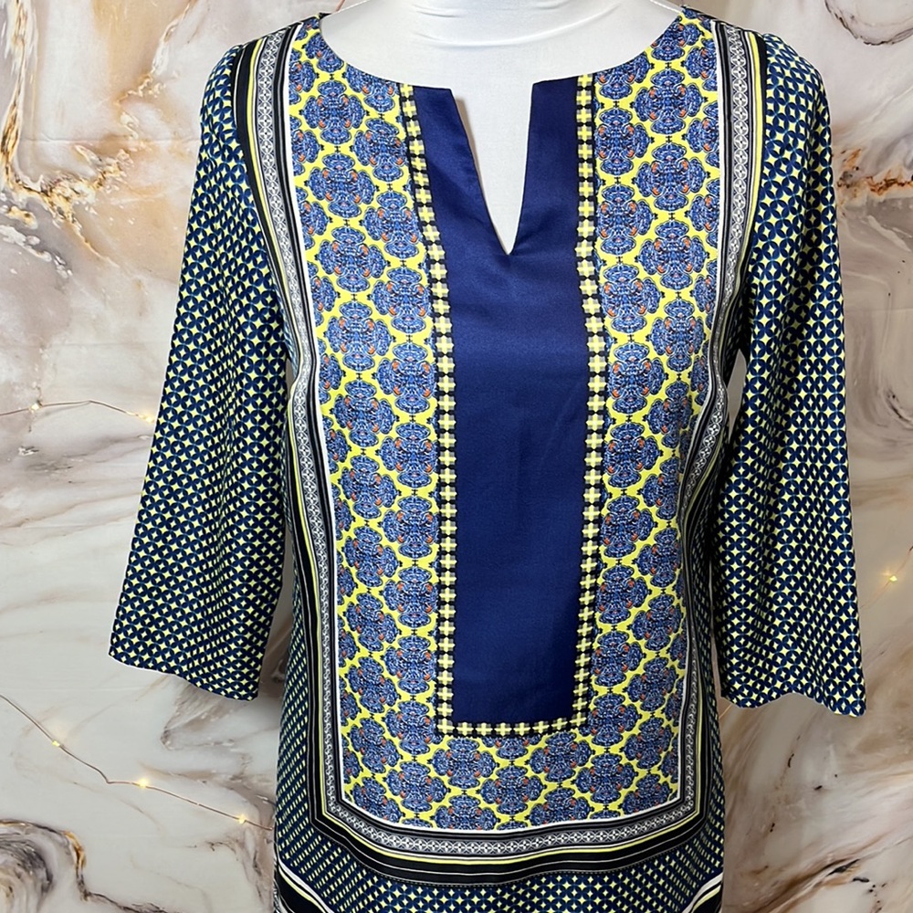 The Limited Retro Print Zippered 3/4 Sleeve Dress Navy and Multi Pattern SZ XS - Picture 2 of 15